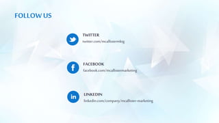 FOLLOWUS
FACEBOOK
facebook.com/mcallistermarketing
TWITTER
twitter.com/mcallistermktg
LINKEDIN
linkedin.com/company/mcallister-marketing
 