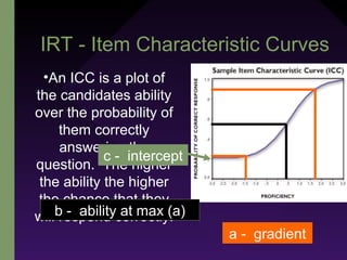 IRT - Item Characteristic Curves
•An ICC is a plot of
the candidates ability
over the probability of
them correctly
answering the
question. The higher
the ability the higher
the chance that they
will respond correctly.
c - intercept
a - gradient
b - ability at max (a)
 