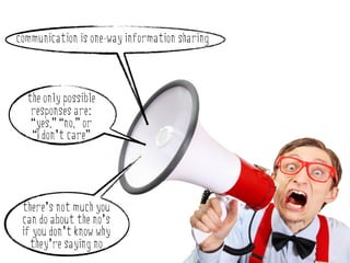communication is one-way information sharing



  the only possible
   responses are:
   “yes,” “no,” or
   “I don’t care”




 there’s not much you
 can do about the no’s
 if you don’t know why
   they’re saying no
 