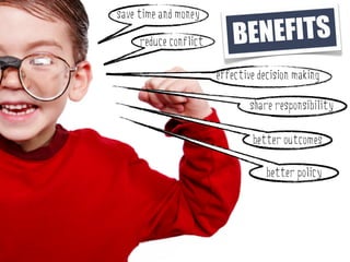 save time and money

     reduce conflict       BENEFITS
                       effective decision making

                               share responsibility

                               better outcomes

                                   better policy
 