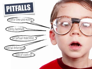 NIMBY
                            BACKLASH


PI TFALLS
  costs time and money

  nimby backlash

     perpetual indecision


special interests

        loss of control
 