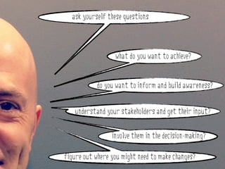 ask yourself these questions



                  what do you want to achieve?


           do you want to inform and build awareness?


   understand your stakeholders and get their input?


                 involve them in the decision-making?

figure out where you might need to make changes?
 