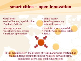 smart cities – open innovation


§  local factor                       §  digital society
§  co-localisation / specialisation   §  knowledge economy
§  “spillover” effects                §  intangible assets
§  data aggregation                   §  administrative responsibility
§  social networks / sensors          §  trust between multiple actors
§  “mash up” applications             §  SMEs




  in the digital society, the process of wealth and value creation has
      changed, transforming the power relations between firms,
               individuals, users, and Public Institutions                 4
 