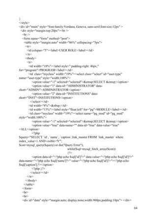 64
}
</style>
<div id="main" style="font-family:Verdana, Geneva, sans-serif;font-size:12px" >
<div style="margin-top:20px"><br />
<br />
<form name="form" method="post">
<table style="margin:auto" width="86%" cellspacing="5px">
<tr>
<td colspan="5"><label>USER ROLE</label></td>
</tr>
<tbody>
<tr>
<td width="18%"><label style=" padding-right: 46px;"
for="program">PROGRAM</label></td>
<td class="myclass" width="19%"><select class="select" id="user-type"
name="user-type" style="width:100%">
<option value="-1" selected="selected">&emsp;SELECT &emsp;</option>
<option value="1" data-id="ADMINISTRATOR" data-
short="ADMIN">ADMINISTRATOR</option>
<option value="2" data-id="INSTITUTIONS" data-
short="INST">INSTITUTIONS</option>
</select></td>
<td width="8%">&nbsp;</td>
<td width="13%"><label style="float:left" for="pg">MODULE</label></td>
<td class="myclass" width="19%"><select name="pg_mod" id="pg_mod"
style="width:100%">
<option value="-1" selected="selected">&emsp;SELECT &emsp;</option>
<option value="true" data-name="" data-id="true" data-value="true"
>ALL</option>
<?php
$query="SELECT `id`, `name`, `caption`,link_master FROM `link_master` where
index_value=1 AND visible='Y'";
$con=mysql_query($query) or die("Query Error");
while($sql=mysql_fetch_array($con))
{?>
<option data-id="<?php echo $sql['id']?>" data-value="<?php echo $sql['id']?>"
data-name="<?php echo $sql['name']?>" value="<?php echo $sql['id']?>"><?php echo
$sql['caption'];?></option>
<?php }?>
</select></td>
</tr>
</tbody>
</table>
</form>
<br>
<br>
<div id="data" style="margin:auto; display:none;width:900px;padding:10px"> </div>
 