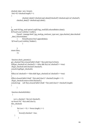 66
checked_data= new Array();
for(i=0;i<checked.length;i++)
{
checked_data[i]=checked.eq(i).data()['checked']=checked.eq(i).is(':checked');
checked_data[i]= checked.eq(i).data();
}
pg_mod=$('#pg_mod option').eq($('#pg_mod')[0].selectedIndex).data();
$('#wait').css('visibility','visible');
$.post('../manage.html',{pg_mod:pg_mod,user_type:user_type,checked_data:checked
_data},function(data)
{ $('notification-line').append(data);
$('#wait').css('visibility','hidden');
}
);
return false;
});
function check_parent(e){
get_checked=$(e).closest('table').find('.'+$(e).attr('class')).first();
if($(get_checked).is(':checked')===false && $(e).is(':checked')===true)
{$(get_checked).attr('checked','checked');
console.log($(get_checked));
}
if($(e).is(':checked')===false && $(get_checked).is(':checked')===true)
{
if($(e).closest('table').find('.'+$(e).attr('class')+':checked').length===1)
{$(get_checked).removeAttr('checked');}
console.log( vall=$(e).closest('table').find('.'+$(e).attr('class')+':checked').length)
}
}
function checkallchild(e)
{
var is_checked = $(e).is(':checked');
var boxes=$('.'+$(e).attr('class'));
if(is_checked)
{
for (var i = 0; i < boxes.length; i++)
{
boxes[i].checked = true;
}
}
 