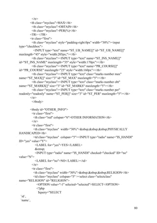 80
</tr>
<th class="myclass">MAX</th>
<th class="myclass">OBTAIN</th>
<th class="myclass">PER(%)</th>
<TR> </TR>
<tr class="first">
<th class="myclass" style="padding-right:0px" width="30%"><input
type="checkbox">
<INPUT type="text" name="ST_UB_NAME[]" id="ST_UB_NAME[]"
maxlength="45" style="width:205px;"></th>
<th class="myclass"><INPUT type="text" name="ST_INS_NAME[]"
id="ST_INS_NAME" maxlength="35" style="width:170px"></th>
<th class="myclass"><INPUT type="text" name="PR_COURSE[]"
id="PR_COURSE" maxlength="25" style="width:160px"></th>
<th class="myclass"><INPUT type="text" class="marks number max"
name="ST_MAX[]" size="3" id="ST_MAX" maxlength="5"></th>
<th class="myclass"><INPUT type="text" class="marks number obt"
name="ST_MARKS[]" size="3" id="ST_MARKS" maxlength="5"></th>
<th class="myclass"><INPUT type="text" class="marks number per"
readonly="readonly" name="ST_PER[]" size="3" id="ST_PER" maxlength="5"></th>
</tr>
</tbody>
<tbody id="OTHER_INFO">
<tr class="first">
<th class="red" colspan="6">OTHER INFORMATION</th>
</tr>
<tr class="first">
<th class="myclass" width="30%">&nbsp;&nbsp;&nbsp;PHYSICALLY
HANDICAPED</th>
<td class="myclass" colspan="5"><INPUT type="radio" name="IS_HANDI"
ID="yes" value="Y">
<LABEL for="yes">YES</LABEL>
&emsp;
<INPUT type="radio" name="IS_HANDI" checked="checked" ID="no"
value="N">
<LABEL for="no">NO</LABEL></td>
</tr>
<tr class="first">
<th class="myclass" width="30%">&nbsp;&nbsp;&nbsp;RELIGION</th>
<td class="myclass" colspan="5" ><select class="selectclass"
name="RELIGION" id="RELIGION">
<OPTION value="-1" selected="selected">SELECT</OPTION>
<?php
$query="SELECT
`id`,
`name`,
 