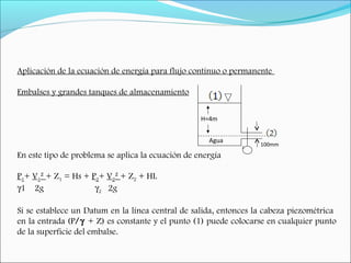 Aplicación de la ecuación de energía para flujo contínuo o permanente
 
Embalses y grandes tanques de almacenamiento
En este tipo de problema se aplica la ecuación de energía
 
P1+ V1² + Z1 = Hs + P2+ V2² + Z2 + HL
γ1 2g γ2 2g
 
Si se establece un Datum en la línea central de salida, entonces la cabeza piezométrica
en la entrada (P/γ + Z) es constante y el punto (1) puede colocarse en cualquier punto
de la superficie del embalse.
H=4m
100mm
Agua
2
 