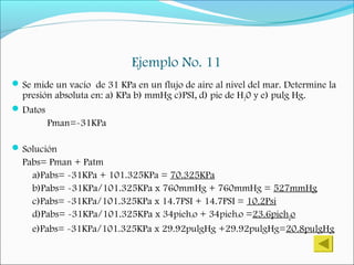 Ejemplo No. 11
Se mide un vacío de 31 KPa en un flujo de aire al nivel del mar. Determine la
presión absoluta en: a) KPa b) mmHg c)PSI, d) pie de H20 y e) pulg Hg.
Datos
Pman=-31KPa
Solución
Pabs= Pman + Patm
a)Pabs= -31KPa + 101.325KPa = 70.325KPa
b)Pabs= -31KPa/101.325KPa x 760mmHg + 760mmHg = 527mmHg
c)Pabs= -31KPa/101.325KPa x 14.7PSI + 14.7PSI = 10.2Psi
d)Pabs= -31KPa/101.325KPa x 34pieh²o + 34pieh²o =23.6pieh2o
e)Pabs= -31KPa/101.325KPa x 29.92pulgHg +29.92pulgHg=20.8pulgHg
 