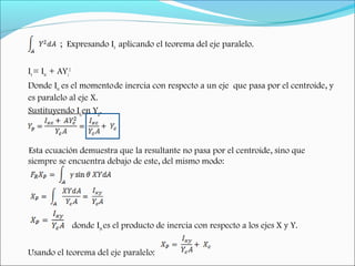 ; Expresando Ix aplicando el teorema del eje paralelo.
Ix = Ixc + AYc
2
Donde Ixc es el momentode inercia con respecto a un eje que pasa por el centroide, y
es paralelo al eje X.
Sustituyendo Ix en Yp.
Esta ecuación demuestra que la resultante no pasa por el centroide, sino que
siempre se encuentra debajo de este, del mismo modo:
donde Iyx es el producto de inercia con respecto a los ejes X y Y.
Usando el teorema del eje paralelo:
 