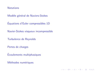 Notations
Modèle général de Naviers-Stokes
Équations d’Euler compressibles 1D
Navier-Stokes visqueux incompressible
Turbulence de Reynolds
Pertes de charges
Écoulements multiphasiques
Méthodes numériques
 