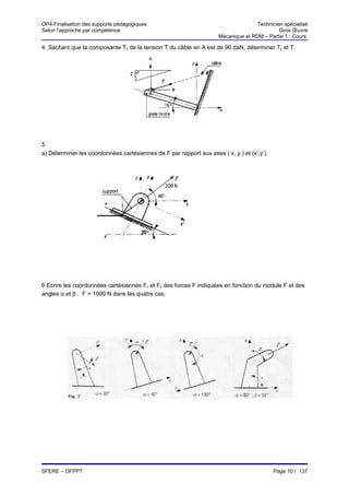 OP4 Finalisation des supports pédagogiques                                          Technicien spécialisé
Selon l’approche par compétence                                                              Gros Œuvre
                                                                     Mécanique et RDM – Partie 1 : Cours

4. Sachant que la composante Tx de la tension T du câble en A est de 90 daN, déterminer Ty et T.




5.
a) Déterminer les coordonnées cartésiennes de F par rapport aux axes ( x, y ) et (x’,y’).




6.Ecrire les coordonnées cartésiennes Fx et Fy des forces F indiquées en fonction du module F et des
angles α et β . F = 1000 N dans les quatre cas.




SFERE – OFPPT                                                                               Page 10 / 137
 
