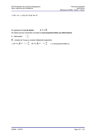 OP4 Finalisation des supports pédagogiques                                               Technicien spécialisé
Selon l’approche par compétence                                                                   Gros Œuvre
                                                                          Mécanique et RDM – Partie 1 : Cours


⇒ bb’= ∆x = -y dα (∆x <0 qd. dα >0




En appliquant la Loi de Hooke :          σ = ε E:
On déduit que les contraintes normales σ sont proportionnelles aux déformations
                          ∆x
ε : déformation      ε=
                          dx

E : module de Young ou module d'élasticité longitudinal.
                            dα                         dα
⇒σ   =εE=          E. y.−
                            dx   σ=εE=       − E. y.
                                                       dx   ⇒ σ est proportionnelle à y




SFERE – OFPPT                                                                                 Page 101 / 137
 