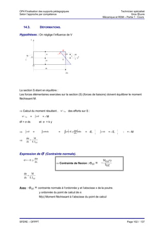 OP4 Finalisation des supports pédagogiques                                                                              Technicien spécialisé
Selon l’approche par compétence                                                                                                  Gros Œuvre
                                                                                                         Mécanique et RDM – Partie 1 : Cours



    14.3.                       DÉFORMATIONS.

Hypothèses : On néglige l’influence de V
               y




                                                      σ
                                                df            ds
                                      h1                                 -M
        M                                                            y
               O                                                              x
                                                      G
                                      h2




                                     dx

                                                           (S)




La section S étant en équilibre :
Les forces élémentaires exercées sur la section (S) (forces de liaisons) doivent équilibrer le moment
fléchissant M.



⇒ Calcul du moment résultant .                     M t / Gz        des efforts sur S :
 M t / Gz      =       ∫ y×df     =-M
df = σ ds                       et σ = k y


                                                          ∫y×(−E.y dα)×ds
                                                                                          dα                          dα
⇒     ∫ y×df       =              ∫y×σ×ds      =                   dx             = -E.            ∫ y ×ds
                                                                                                     2       = - E.        I GZ
                                                                                                                                  =-M
                                                                                          dx                          dx

       dα   M
⇒         =
       dx E. I GZ




Expression de σ (Contrainte normale).
                       dα
    σ = −E. y.                                                                                           M(x)× y
                                             ⇒ Contrainte de flexion : σ(y)
                       dx
                                                                                               =    −
                                                                                                          IGZ


    dα   M
       =
    dx E. I GZ


Avec :      σ(y) = contrainte normale à l’ordonnée y et l’abscisse x de la poutre.
                                y ordonnée du point de calcul de σ.
                                M(x) Moment fléchissant à l’abscisse du point de calcul




SFERE – OFPPT                                                                                                                     Page 102 / 137
 