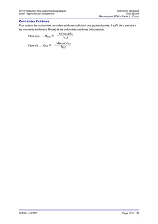 OP4 Finalisation des supports pédagogiques                                          Technicien spécialisé
Selon l’approche par compétence                                                              Gros Œuvre
                                                                     Mécanique et RDM – Partie 1 : Cours

Contraintes Extrêmes
Pour obtenir les contraintes normales extrêmes sollicitant une poutre donnée, il suffit de « prendre »
les moments extrêmes ( Mmax) et les ordonnées extrêmes de la section.
                                            M(max)×h1
        Fibre sup .....    σsup =       −
                                              IGZ

                                        M(max)×h 2
        Fibre inf .....   σinf =    −
                                          IGZ




SFERE – OFPPT                                                                            Page 103 / 137
 