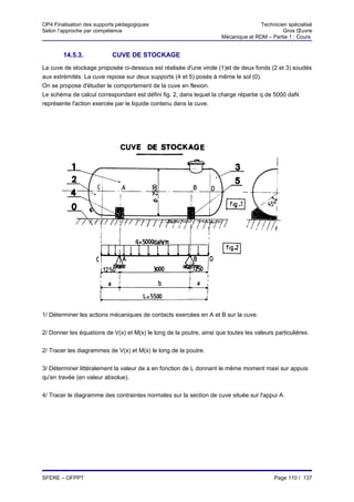 OP4 Finalisation des supports pédagogiques                                           Technicien spécialisé
Selon l’approche par compétence                                                               Gros Œuvre
                                                                      Mécanique et RDM – Partie 1 : Cours


        14.5.3.            CUVE DE STOCKAGE
La cuve de stockage proposée ci-dessous est réalisée d'une virole (1)et de deux fonds (2 et 3) soudés
aux extrémités. La cuve repose sur deux supports (4 et 5) posés à même le sol (0).
On se propose d'étudier le comportement de la cuve en flexion.
Le schéma de calcul correspondant est défini fig. 2, dans lequel la charge répartie q de 5000 daN
représente l'action exercée par le liquide contenu dans la cuve.




1/ Déterminer les actions mécaniques de contacts exercées en A et B sur la cuve.


2/ Donner les équations de V(x) et M(x) le long de la poutre, ainsi que toutes les valeurs particulières.


2/ Tracer les diagrammes de V(x) et M(x) le long de la poutre.


3/ Déterminer littéralement la valeur de a en fonction de L donnant le même moment maxi sur appuis
qu'en travée (en valeur absolue).


4/ Tracer le diagramme des contraintes normales sur la section de cuve située sur l'appui A.




SFERE – OFPPT                                                                              Page 110 / 137
 