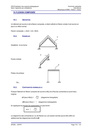 OP4 Finalisation des supports pédagogiques                                             Technicien spécialisé
Selon l’approche par compétence                                                                 Gros Œuvre
                                                                        Mécanique et RDM – Partie 1 : Cours

   15. FLEXION COMPOSÉE


   15.1.          DÉFINITION

Un élément est soumis à de la flexion composée, si étant sollicité en flexion simple il est soumis en
plus à un effort normal.

Flexion composée ⇒ (N≠0 ; V≠0 ; M≠0)


   15.2.          EXEMPLES                                              p




Arbalétrier d’une ferme




                                              p

Poutre inclinée


                                                                            p




Poteau de portique




           Etc…


   15.3.          CONTRAINTES NORMALES σ

Puisque l’élément en flexion composé est soumis à M(x) et à N(x) les contraintes σ auront deux
origines
                                        M.y
                  σf (due à M(x)) = −          (diagramme triangulaire)
                                        IGZ

                  σN (due à N(x)) = N
                                    S       (diagramme rectangulaire)

En appliquant le principe de superposition on peut écrire :
                                     M. y
                       σ= N
                          S
                                 −
                                     IGZ


Le diagramme des contraintes σ ( ou de Navier) sur une section donnée pourra être défini en
additionnant les diagrammes de σf et σN



SFERE – OFPPT                                                                               Page 115 / 137
 