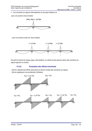 OP4 Finalisation des supports pédagogiques                                         Technicien spécialisé
Selon l’approche par compétence                                                             Gros Œuvre
                                                                    Mécanique et RDM – Partie 1 : Cours

• Les moments sur appuis intermédiaires ne sont pas inférieurs à:

-pour une poutre à deux travées




. -pour une poutre à plus de deux travées




De part et d’autre de chaque appui intermédiaire, on retient la plus grande valeur des moments sur
appuis (gauche ou droite).

        17.2.4.            Evaluation des efforts tranchants
- Soit en calculant les efforts tranchants en tenant compte des moments sur appuis.
- Soit en appliquant une pondération forfaitaire.




SFERE – OFPPT                                                                           Page 128 / 137
 
