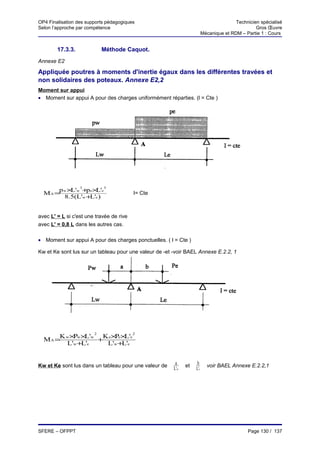 OP4 Finalisation des supports pédagogiques                                              Technicien spécialisé
Selon l’approche par compétence                                                                  Gros Œuvre
                                                                         Mécanique et RDM – Partie 1 : Cours


        17.3.3.             Méthode Caquot.
Annexe E2

Appliquée poutres à moments d'inertie égaux dans les différentes travées et
non solidaires des poteaux. Annexe E2,2
Moment sur appui
• Moment sur appui A pour des charges uniformément réparties. (l = Cte )




                  3         3
      p w × 'w + e× 'e
           L    p L
  MA =                                    I= Cte
        8.5(L'w + 'e )
                 L


avec L' = L si c'est une travée de rive
avec L' = 0,8 L dans les autres cas.

• Moment sur appui A pour des charges ponctuelles. ( l = Cte )

Kw et Ke sont lus sur un tableau pour une valeur de -et -voir BAEL Annexe E.2.2, 1




                        2                 2
      K w × w × 'w K e× e× 'e
           P L         P L
  MA =            +
        L'w +L'e    L'w +L'e


Kw et Ke sont lus dans un tableau pour une valeur de     a    et   b       voir BAEL Annexe E.2.2,1
                                                        L'w        L'e




SFERE – OFPPT                                                                                Page 130 / 137
 