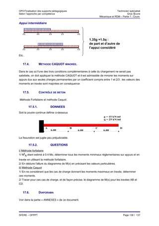 OP4 Finalisation des supports pédagogiques                                         Technicien spécialisé
Selon l’approche par compétence                                                             Gros Œuvre
                                                                    Mécanique et RDM – Partie 1 : Cours

Appui intermédiaire




                                                          1.35g +1.5q :
                                                          de part et d’autre de
                                                          l’appui considéré

Etc..


   17.4.          MÉTHODE CAQUOT MINORÉE.

Dans le cas où l'une des trois conditions complémentaires à celle du chargement ne serait pas
satisfaite, on doit appliquer la méthode CAQUOT et il est admissible de minorer les moments sur
appuis dus aux seules charges permanentes par un coefficient compris entre 1 et 2/3 ; les valeurs des
moments en travée sont majorées en conséquence


   17.5.          CONTRÔLE DE BETON

Méthode Forfaitaire et méthode Caquot .

        17.5.1.            DONNEES
Soit la poutre continue définie ci-dessous
                                                                       g = 15 kN/ml
                                                                       q = 25 kN/ml


                       A                      B                 C                     D
                           6.00                   6.00                 6.00


La fissuration est jugée peu préjudiciable.

        17.5.2.            QUESTIONS
I/ Méthode forfaitaire
1/ MtA étant estimé à 0.4 Mo, déterminer tous les moments minimaux réglementaires sur appuis et en
travée en utilisant la méthode forfaitaire.
2/ En déduire l'allure du diagramme de M(x) en précisant les valeurs particulières.
II/ Méthode Caquot
1/ En ne considérant que les cas de charge donnant les moments maximaux en travée, déterminer
ces moments.
2/ Tracer pour ces cas de charge, et de façon précise, le diagramme de M(x) pour les travées AB et
CD.


   17.6.          DIAPORAMA

Voir dans la partie « ANNEXES » de ce document.




SFERE – OFPPT                                                                             Page 136 / 137
 