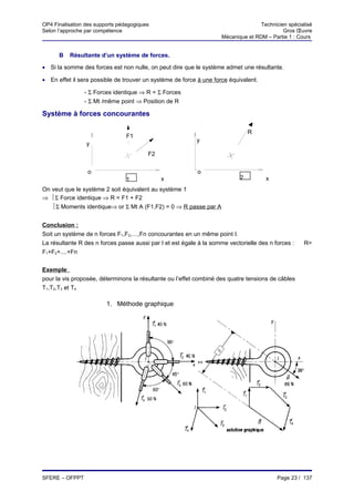 OP4 Finalisation des supports pédagogiques                                          Technicien spécialisé
Selon l’approche par compétence                                                              Gros Œuvre
                                                                     Mécanique et RDM – Partie 1 : Cours


      B   Résultante d’un système de forces.

• Si la somme des forces est non nulle, on peut dire que le système admet une résultante.

• En effet il sera possible de trouver un système de force à une force équivalent.

                - Σ Forces identique ⇒ R = Σ Forces
                - Σ Mt /même point ⇒ Position de R

Système à forces concourantes

                                                                                R
                                 F1
                                                           y
                 y
                                         F2


                 o                                         o
                                 1            x                             2         x
On veut que le système 2 soit équivalent au système 1
⇒ Σ Force identique ⇒ R = F1 + F2
   Σ Moments identique⇒ or Σ Mt A (F1,F2) = 0 ⇒ R passe par A


Conclusion :
Soit un système de n forces F1,F2,…,Fn concourantes en un même point I.
La résultante R des n forces passe aussi par I et est égale à la somme vectorielle des n forces :    R=
F1+F2+....+Fn


Exemple:
pour la vis proposée, déterminons la résultante ou l’effet combiné des quatre tensions de câbles
T1,T2,T3 et T4

                         1. Méthode graphique




SFERE – OFPPT                                                                              Page 23 / 137
 