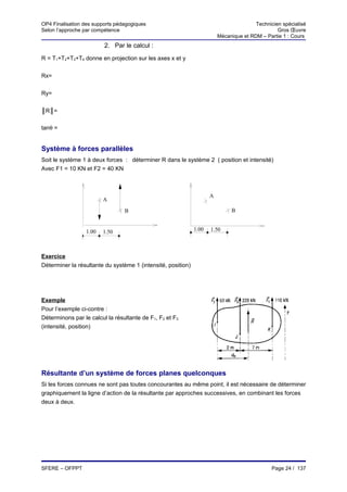 OP4 Finalisation des supports pédagogiques                                              Technicien spécialisé
Selon l’approche par compétence                                                                  Gros Œuvre
                                                                         Mécanique et RDM – Partie 1 : Cours
                         2. Par le calcul :
R = T1+T2+T3+T4 donne en projection sur les axes x et y


Rx=


Ry=


║R║=

tanθ =


Système à forces parallèles
Soit le système 1 à deux forces : déterminer R dans le système 2 ( position et intensité)
Avec F1 = 10 KN et F2 = 40 KN



                                                                     A
                         A
                                 B                                            B


                  1.00   1.50                                 1.00   1.50



Exercice
Déterminer la résultante du système 1 (intensité, position)




Exemple
Pour l’exemple ci-contre :
Déterminons par le calcul la résultante de F1, F2 et F3
(intensité, position)




Résultante d’un système de forces planes quelconques
Si les forces connues ne sont pas toutes concourantes au même point, il est nécessaire de déterminer
graphiquement la ligne d’action de la résultante par approches successives, en combinant les forces
deux à deux.




SFERE – OFPPT                                                                                  Page 24 / 137
 