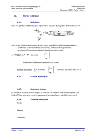 OP4 Finalisation des supports pédagogiques                                               Technicien spécialisé
Selon l’approche par compétence                                                                   Gros Œuvre
                                                                          Mécanique et RDM – Partie 1 : Cours



   4.3.              NOTION DE TORSEUR


          4.3.1.             Définition :
C’est une grandeur mathématique qui représente la réduction d’un système de force en un point.


                                                                      A




⇒Un torseur d’action mécanique en un point est un ensemble constitué de deux grandeurs :
          - une force S (somme des forces concernées), indépendante du point choisi ;
          - un couple MA (ou moment résultant), fonction du point A choisi.

                                                    S
⇒ TORSEUR en A = TA = ensemble

                                                    M   A


                   S et MA sont les éléments de réduction du torseur.


                                                        S1/2
          Exemple de notation    T1/2 = ensemble:                  est le torseur de actions de ½ en A
                                        A
                                                        M1/2   A


          4.3.2.             Ecriture Algébrique :




          4.3.3.             Somme de torseur :
La somme de plusieurs torseurs ne peut se faire que s'ils sont tous écrits au même point; c’est
impératif ! (une somme de moment ne pouvant se faire que s'ils sont calculés / même point).

          4.3.4.             Torseurs particuliers
          Couple



          Glisseur



          Torseur nul




SFERE – OFPPT                                                                                   Page 26 / 137
 