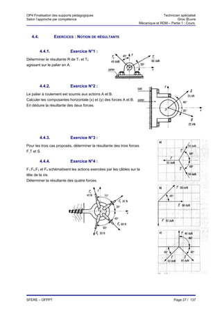 OP4 Finalisation des supports pédagogiques                                          Technicien spécialisé
Selon l’approche par compétence                                                              Gros Œuvre
                                                                     Mécanique et RDM – Partie 1 : Cours



   4.4.            EXERCICES : NOTION DE RÉSULTANTE


          4.4.1.           Exercice N°1 :
Déterminer le résultante R de T1 et T2
agissant sur le palier en A.




          4.4.2.           Exercice N°2 :
Le palier à roulement est soumis aux actions A et B.
Calculer les composantes horizontale (x) et (y) des forces A et B.
En déduire la résultante des deux forces.




          4.4.3.           Exercice N°3 :
Pour les trois cas proposés, déterminer la résultante des trois forces
F,T et S.

          4.4.4.           Exercice N°4 :
F1,F2,F3 et F4 schématisent les actions exercées par les câbles sur la
tête de la vis.
Déterminer la résultante des quatre forces.




SFERE – OFPPT                                                                              Page 27 / 137
 