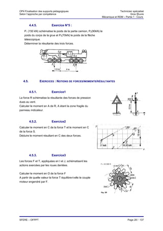 OP4 Finalisation des supports pédagogiques                                        Technicien spécialisé
Selon l’approche par compétence                                                            Gros Œuvre
                                                                   Mécanique et RDM – Partie 1 : Cours


          4.4.5.            Exercice N°5 :
    P1 (150 kN) schématise le poids de la partie camion, P2(90kN) le
    poids du corps de la grue et P3(70kN) le poids de la flèche
    télescopique.
    Déterminer la résultante des trois forces.




   4.5.            EXERCICES : NOTIONS DE FORCES/MOMENTS/RÉSULTANTES


          4.5.1.            Exercice1
La force R schématise la résultante des forces de pression
dues au vent.
Calculer le moment en A de R, A étant la zone fragile du
panneau indicateur.



          4.5.2.            Exercice2
Calculer le moment en C de la force T et le moment en C
de la force S.
Déduire le moment résultant en C des deux forces.




          4.5.3.            Exercice3
Les forces F et T, appliquées en I et J, schématisent les
actions exercées par les roues dentées.


Calculer le moment en O de la force F
A partir de quelle valeur la force T équilibre-t-elle le couple
moteur engendré par F.




SFERE – OFPPT                                                                            Page 28 / 137
 