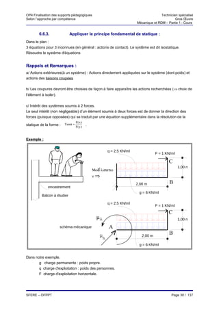 OP4 Finalisation des supports pédagogiques                                            Technicien spécialisé
Selon l’approche par compétence                                                                Gros Œuvre
                                                                       Mécanique et RDM – Partie 1 : Cours


        6.6.3.               Appliquer le principe fondamental de statique :
Dans le plan :
3 équations pour 3 inconnues (en général : actions de contact). Le système est dit isostatique.
Résoudre le système d'équations


Rappels et Remarques :
a/ Actions extérieures(à un système) : Actions directement appliquées sur le système (dont poids) et
actions des liaisons coupées

b/ Les coupures devront être choisies de façon à faire apparaître les actions recherchées (⇒ choix de
l’élément à isoler).


c/ Intérêt des systèmes soumis à 2 forces.
Le seul intérêt (non négligeable) d’un élément soumis à deux forces est de donner la direction des
forces (puisque opposées) qui se traduit par une équation supplémentaire dans la résolution de la
                                  F( x )
statique de la forme :   Tanα =            .
                                  F( y )



Exemple :


                                                       q = 2.5 KN/ml
                                                                                   F = 1 KN/ml

                                                                                           C
                                                                                                 1,00 m
                                               Μοδλισατιο
                                               ν⇒
                                                        A
                                                                       2,00 m              B
              encastrement
                                                                        g = 6 KN/ml
          Balcon à étudier

                                                       q = 2.5 KN/ml
                                                                                   F = 1 KN/ml
                                                                                           C
                                                 µA                                              1,00 m

                       schéma mécanique                A
                                                                                           B
                                                  RA                      2,00 m

                                                                        g = 6 KN/ml


Dans notre exemple.
       g charge permanente : poids propre.
       q charge d'exploitation : poids des personnes.
       F charge d'exploitation horizontale.




SFERE – OFPPT                                                                                Page 38 / 137
 