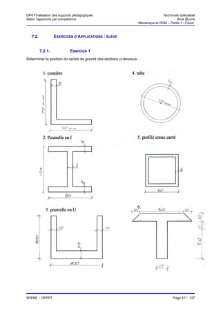 OP4 Finalisation des supports pédagogiques                                            Technicien spécialisé
Selon l’approche par compétence                                                                Gros Œuvre
                                                                       Mécanique et RDM – Partie 1 : Cours



   7.2.            EXERCICES D’APPLICATIONS : ÉLÈVE


          7.2.1.           Exercice 1
Déterminer la position du centre de gravité des sections ci-dessous.




     2. Poutrelle en I                                        5. profilé creux




                                                              6.
       3. poutrelle en U




SFERE – OFPPT                                                                                Page 47 / 137
 