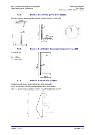OP4 Finalisation des supports pédagogiques                                            Technicien spécialisé
Selon l’approche par compétence                                                                Gros Œuvre
                                                                       Mécanique et RDM – Partie 1 : Cours


        7.2.3.             Exercice 3 : centre de gravité d’une section.
Pour les sections suivantes déterminer la position du centre de gravité




        7.2.4.             Exercice 2: vérification des caractéristiques d’un upn 300
A = 58.80 cm²


XG = 2.95 cm
YG = 15.00 cm




        7.2.5.             Exercice 3 : étude d’un acrotère
a) déterminer le centre de gravité de l’acrotère ainsi défini.
b) cet acrotère est-il autostable( est-il en équilibre ainsi posé) ?
c) si non quelle longueur doit on modifier et quelle doit être sa valeur ?




SFERE – OFPPT                                                                                Page 49 / 137
 