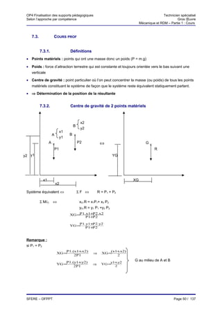 OP4 Finalisation des supports pédagogiques                                            Technicien spécialisé
 Selon l’approche par compétence                                                                Gros Œuvre
                                                                        Mécanique et RDM – Partie 1 : Cours



    7.3.            COURS PROF


           7.3.1.             Définitions
 • Points matériels : points qui ont une masse donc un poids (P = m.g)

 • Poids : force d’attraction terrestre qui est constante et toujours orientée vers le bas suivant une
    verticale

 • Centre de gravité : point particulier où l’on peut concentrer la masse (ou poids) de tous les points
    matériels constituant le système de façon que le système reste équivalent statiquement parlant.

 • ⇒ Détermination de la position de la résultante


           7.3.2.             Centre de gravité de 2 points matériels



                                     x2
                               B
                                     y2
                         x1
                    A         B ×
                         y1
                 A×                 P2            ⇔                         G×
                   P1                                                            R
y2 y1                                                      YG




            x1                                                     XG
                        x2

 Système équivalent ⇔               ΣF ⇔         R = P1 + P2

           Σ M/O    ⇔                xG.R = x1P1+ x2 P2
                                     yG.R = y1 P1 +y2 P2
                              XG =P1.x1+ 2.x2
                                        P
                                     P1+ 2
                                        P

                                  P1.y1+ 2.y2
                                        P
                              YG =
                                     P1+ 2
                                        P



 Remarque :
 si P1 = P2
                            P1.(x1+x2)
                                   .                   (x1+x2)
                                                           .
                        XG =
                                2P1
                                             ⇒     XG =
                                                          2

                            P1.(y1+y2)
                                                                    G au milieu de A et B
                                    .                  y1+y2
                                                          .
                        YG =
                                2P 1
                                             ⇒     YG =
                                                         2




 SFERE – OFPPT                                                                                Page 50 / 137
 