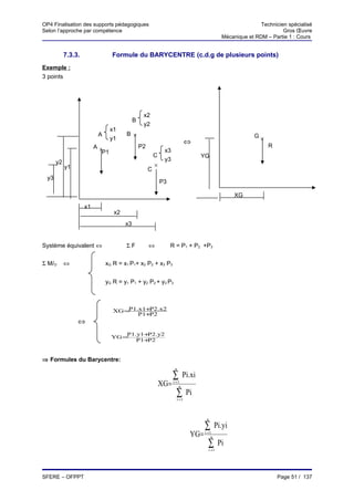 OP4 Finalisation des supports pédagogiques                                                                 Technicien spécialisé
Selon l’approche par compétence                                                                                     Gros Œuvre
                                                                                            Mécanique et RDM – Partie 1 : Cours


           7.3.3.               Formule du BARYCENTRE (c.d.g de plusieurs points)
Exemple :
3 points




                                                x2
                                           B
                                                y2
                                x1
                          A           B ×                                                                G×
                                y1
                                                                           ⇔
                         A×                    P2                                                             R
                           P1                                x3
                                                        C                         YG
      y2                                                     y3
           y1                                           ×
                                                    C
 y3
                                                            P3

                                                                                                  XG
                    x1
                                 x2
                                      x3


Système équivalent ⇔                  ΣF            ⇔            R = P1 + P2 +P3


Σ M/O      ⇔                  xG R = x1 P1+ x2 P2 + x3 P3


                              yG R = y1 P1 + y2 P2 + y3 P3



                                 XG =P1.x1+ 2.x2
                                           P
                                        P1+ 2
                                           P
                ⇔
                                    P1.y1+ 2.y2
                                          P
                                YG =
                                       P1+ 2
                                          P


⇒ Formules du Barycentre:
                                                                   n

                                                                  ∑       Pi.xi
                                                            XG=   i→ 1
                                                                      n

                                                                    ∑
                                                                    i→ 1
                                                                           Pi


                                                                                   n

                                                                                  ∑       Pi.yi
                                                                            YG=   i→ 1
                                                                                      n

                                                                                    ∑
                                                                                    i→ 1
                                                                                           Pi



SFERE – OFPPT                                                                                                     Page 51 / 137
 