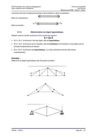 OP4 Finalisation des supports pédagogiques                                             Technicien spécialisé
Selon l’approche par compétence                                                                 Gros Œuvre
                                                                        Mécanique et RDM – Partie 1 : Cours

Les barres sont par conséquent soumises à de la traction ou de la compression.


Barre en compression :



Barre en traction :



        8.1.3.             Détermination du degré hyperstatique.
Relation entre le nombre de barres b et le nombre de nœuds n :
                                               b = 2n-3
• Si b < 2n-3 : la structure n’est pas rigide, elle est hypostatique.

• Si b = 2n-3 : la structure est en équilibre, elle est isostatique et la résolution est possible avec le
   principe fondamental de la statique.

• Si b > 2n-3 : la structure est hyperstatique, il y a des contraintes internes (des barres
   surabondantes).


Exemples :
Déterminer le degré hyperstatique des structures suivantes :




SFERE – OFPPT                                                                                 Page 58 / 137
 