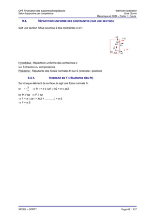 OP4 Finalisation des supports pédagogiques                                          Technicien spécialisé
Selon l’approche par compétence                                                              Gros Œuvre
                                                                     Mécanique et RDM – Partie 1 : Cours

     9.4.            RÉPARTITION UNIFORME DES CONTRAINTES (SUR UNE SECTION)

Soit une section fictive soumise à des contraintes σ et τ


                                                                                        ∆ ft
                                                                                                 ∆ F1

                                                                                        ∆s1
                                                                                               fn1
                                                                                    G
                                                                                                     x
                                                                                 (S) ∆
                                                                                       s2      fn2

                                                                                     S2

Hypothèse : Répartition uniforme des contraintes σ
sur S (traction ou compression).
Problème : Résultante des forces normales fn sur S (Intensité ; position).

            9.4.1.             Intensité de F (résultante des fn)
Sur chaque élément de surface ∆s agit une force normale fn.
            fn
or    σ=         ⇒ fn1 = σ x ∆s1 ; fn2 = σ x ∆s2
            ∆s

et fn // oz ⇒ F // oz
⇒ F = σ ( ∆s1 + ∆s2 + .............) = σ S
⇒F=σS




SFERE – OFPPT                                                                                   Page 68 / 137
 