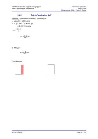 OP4 Finalisation des supports pédagogiques                              Technicien spécialisé
Selon l’approche par compétence                                                  Gros Œuvre
                                                         Mécanique et RDM – Partie 1 : Cours


          9.4.2.              Point d'application de F
Méthode : Système équivalent ( Σ Mt identique)
⇒ Mt/ox(F) = Σ Mt/ox(fn)
⇒ F . yG = fn1 . y1 + fn2 . y2 .
       σ.S.yG = Σ σ.∆si.yi

  yG =
         ∑ y.∆s
           S


                   1
               yG = ∫y.ds
                   S




Si Mt/oy(F)

               x G =1 ∫x.ds
                    S




Concrètement :




SFERE – OFPPT                                                                  Page 69 / 137
 