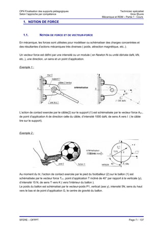 OP4 Finalisation des supports pédagogiques                                            Technicien spécialisé
Selon l’approche par compétence                                                                Gros Œuvre
                                                                       Mécanique et RDM – Partie 1 : Cours

   1. NOTION DE FORCE


   1.1.          NOTION DE FORCE ET DE VECTEUR-FORCE

En mécanique, les forces sont utilisées pour modéliser ou schématiser des charges concentrées et
des résultantes d’actions mécaniques très diverses ( poids, attraction magnétique, etc..).


Un vecteur force est défini par une intensité ou un module ( en Newton N ou unité dérivée daN, kN,
etc..), une direction, un sens et un point d’application.


Exemple 1 :




L’action de contact exercée par le câble(2) sur le support (1) est schématisée par le vecteur force A2/1,
de point d’application A de direction celle du câble, d’intensité 1000 daN, de sens A vers I ( le câble
tire sur le support).



Exemple 2 :




Au moment du tir, l’action de contact exercée par le pied du footballeur (2) sur le ballon (1) est
schématisée par le vecteur force T2/1, point d’application T incliné de 40° par rapport à la verticale (y),
d’intensité 15 N, de sens T vers K ( vers l’intérieur du ballon ).
Le poids du ballon est schématisé par le vecteur-poids P1, vertical (axe y), intensité 5N, sens du haut
vers le bas et de point d’application G, le centre de gravité du ballon.




SFERE – OFPPT                                                                                  Page 7 / 137
 