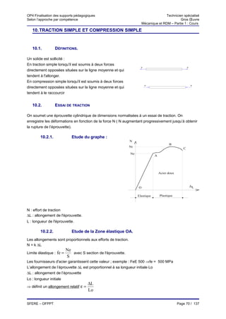 OP4 Finalisation des supports pédagogiques                                              Technicien spécialisé
Selon l’approche par compétence                                                                  Gros Œuvre
                                                                         Mécanique et RDM – Partie 1 : Cours

   10. TRACTION SIMPLE ET COMPRESSION SIMPLE


   10.1.          DÉFINITIONS.

Un solide est sollicité :
En traction simple lorsqu'il est soumis à deux forces
                                                                       F                                 F

directement opposées situées sur la ligne moyenne et qui
tendent à l'allonger.
En compression simple lorsqu'il est soumis à deux forces
                                                                           F                                 F
directement opposées situées sur la ligne moyenne et qui
tendent à le raccourcir


   10.2.          ESSAI DE TRACTION

On soumet une éprouvette cylindrique de dimensions normalisées à un essai de traction. On
enregistre les déformations en fonction de la force N ( N augmentant progressivement jusqu’à obtenir
la rupture de l’éprouvette).

        10.2.1.                Etude du graphe :
                                                                N
                                                                                           B
                                                                Nr
                                                                                                     C
                                                                Ne
                                                                                 A




                                                                                     Acier doux



                                                                     O                                       ∆L


                                                                     Elastique       Plastique



N : effort de traction
∆L : allongement de l'éprouvette.
L : longueur de l'éprouvette.

        10.2.2.                Etude de la Zone élastique OA.
Les allongements sont proportionnels aux efforts de traction.
N = k ∆L
                          Ne
Limite élastique : fe =      avec S section de l'éprouvette.
                          S
Les fournisseurs d'acier garantissent cette valeur ; exemple : FeE 500 ⇒fe = 500 MPa
L’allongement de l’éprouvette ∆L est proportionnel à sa longueur initiale Lo
∆L : allongement de l’éprouvette
Lo : longueur initiale
                                       ∆L
⇒ définit un allongement relatif ε =
                                       Lo

SFERE – OFPPT                                                                                     Page 70 / 137
 