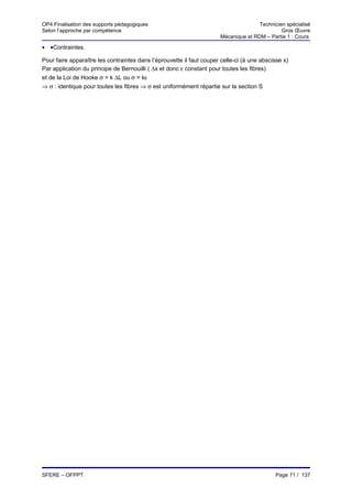 OP4 Finalisation des supports pédagogiques                                            Technicien spécialisé
Selon l’approche par compétence                                                                Gros Œuvre
                                                                       Mécanique et RDM – Partie 1 : Cours

• •Contraintes.

Pour faire apparaître les contraintes dans l’éprouvette il faut couper celle-ci (à une abscisse x)
Par application du principe de Bernouilli ( ∆x et donc ε constant pour toutes les fibres)
et de la Loi de Hooke σ = k ∆L ou σ = kε
⇒ σ : identique pour toutes les fibres ⇒ σ est uniformément répartie sur la section S




SFERE – OFPPT                                                                                Page 71 / 137
 
