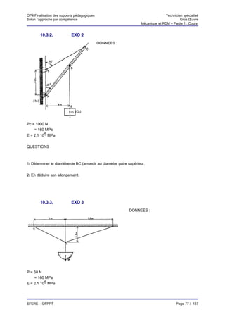 OP4 Finalisation des supports pédagogiques                                        Technicien spécialisé
Selon l’approche par compétence                                                            Gros Œuvre
                                                                   Mécanique et RDM – Partie 1 : Cours


        10.3.2.            EXO 2
                                             DONNEES :




Pc = 1000 N
 σ
    = 160 MPa
E = 2.1 105 MPa


QUESTIONS



1/ Déterminer le diamètre de BC (arrondir au diamètre paire supérieur.


2/ En déduire son allongement.




        10.3.3.            EXO 3
                                                            DONNEES :




P = 50 N
 σ
    = 160 MPa
E = 2.1 105 MPa




SFERE – OFPPT                                                                            Page 77 / 137
 