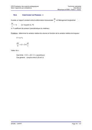 OP4 Finalisation des supports pédagogiques                                            Technicien spécialisé
Selon l’approche par compétence                                                                Gros Œuvre
                                                                       Mécanique et RDM – Partie 1 : Cours



   10.4.         COEFFICIENT DE POISSON : Υ

                                                                  ∆r                                 ∆L
Il existe un rapport constant entre la déformation transversale      et l'allongement longitudinal      .
                                                                   r                                  L
∆r         ∆L
   =-υ      L
                (∆r  quand ∆L )
 r
υ = coefficient de poisson (caractéristique du matériau)

Problème : déterminer la variation relative de volume en fonction de la variation relative de longueur

        V = π.r² L


        dV            dl
           = (1 − 2ν)
         V             l

Valeur de υ


        Cas limite = 0.5 ⇒ dV = 0 ( caoutchouc)
        Cas général : compris entre 0.25 et 0.3.




SFERE – OFPPT                                                                                Page 79 / 137
 