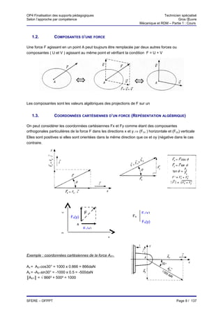 OP4 Finalisation des supports pédagogiques                                              Technicien spécialisé
Selon l’approche par compétence                                                                  Gros Œuvre
                                                                         Mécanique et RDM – Partie 1 : Cours



   1.2.          COMPOSANTES D’UNE FORCE

Une force F agissant en un point A peut toujours être remplacée par deux autres forces ou
composantes ( U et V ) agissant au même point et vérifiant la condition F = U + V




Les composantes sont les valeurs algébriques des projections de F sur un


   1.3.          COORDONNÉES CARTÉSIENNES D’UN FORCE (REPÉSENTATION ALGÉBRIQUE)

On peut considérer les coordonnées cartésiennes Fx et Fy comme étant des composantes
orthogonales particulières de la force F dans les directions x et y.⇒ (F(x) ) horizontale et (F(y)) verticale
Elles sont positives si elles sont orientées dans la même direction que ox et oy (négative dans le cas
contraire.




                      y              F                                    FA(x)
                            FA(y)                                   FA
                                                                          FA(y)
                                A
                                    FA(x)
                      o
                                                    x



Exemple : coordonnées cartésiennes de la force A2/1.


Ax = A2/1cos30° = 1000 x 0.866 = 866daN
Ay = -A2/1sin30° = -1000 x 0.5 = -500daN
║A2/1║ = √ 866² + 500² = 1000




SFERE – OFPPT                                                                                    Page 8 / 137
 