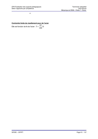 OP4 Finalisation des supports pédagogiques                         Technicien spécialisé
Selon l’approche par compétence                                             Gros Œuvre
                                                    Mécanique et RDM – Partie 1 : Cours

                          ⇒




Contrainte limite de cisaillement pour de l’acier
                                            65
Elle est fonction de fe de l’acier : τ =       fe
                                           100




SFERE – OFPPT                                                             Page 81 / 137
 