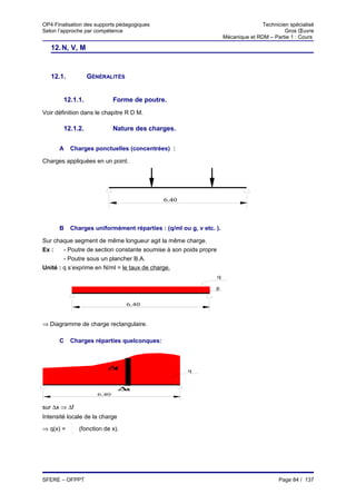 OP4 Finalisation des supports pédagogiques                                            Technicien spécialisé
Selon l’approche par compétence                                                                Gros Œuvre
                                                                       Mécanique et RDM – Partie 1 : Cours

   12. N, V, M


   12.1.           GÉNÉRALITÉS


        12.1.1.               Forme de poutre.
Voir définition dans le chapitre R D M.

        12.1.2.               Nature des charges.


      A    Charges ponctuelles (concentrées) :

Charges appliquées en un point.




                                             6.40



      B    Charges uniformément réparties : (q/ml ou g, v etc. ).

Sur chaque segment de même longueur agit la même charge.
Ex :    - Poutre de section constante soumise à son poids propre
        - Poutre sous un plancher B.A.
Unité : q s’exprime en N/ml = le taux de charge.
                                                                   q

                                                               g


                                   6.40


⇒ Diagramme de charge rectangulaire.

      C    Charges réparties quelconques:



                           ∆f                        q



                                ∆x
                       6.40


sur ∆x ⇒ ∆f
Intensité locale de la charge
           ∆f
⇒ q(x) =        (fonction de x).
           ∆x




SFERE – OFPPT                                                                                Page 84 / 137
 