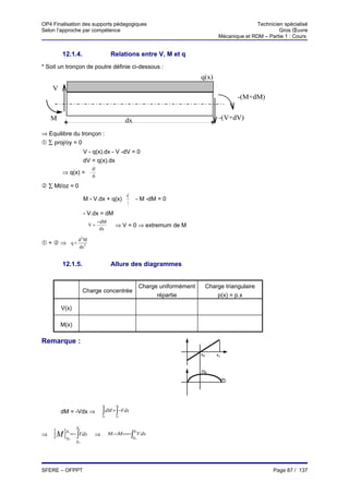 OP4 Finalisation des supports pédagogiques                                                        Technicien spécialisé
Selon l’approche par compétence                                                                            Gros Œuvre
                                                                                   Mécanique et RDM – Partie 1 : Cours


        12.1.4.                       Relations entre V, M et q
* Soit un tronçon de poutre définie ci-dessous :
                                                                         q(x)
    V
                                                                                            -(M+dM)


    M                                        dx                                    -(V+dV)

⇒ Equilibre du tronçon :
 ∑ proj/oy = 0
                   V - q(x).dx - V -dV = 0
                   dV = q(x).dx
                         dV
        ⇒ q(x) = −
                         dx

 ∑ Mt/oz = 0
                                             dx2
                   M - V.dx + q(x)                 - M -dM = 0
                                              2

                   - V.dx = dM
                              − dM
                        V=              ⇒ V = 0 ⇒ extremum de M
                               dx

                d2M
 +  ⇒ q=
                dx 2


        12.1.5.                       Allure des diagrammes


                                                   Charge uniformément        Charge triangulaire
                  Charge concentrée
                                                         répartie                 p(x) = p.x

        V(x)

        M(x)

Remarque :
                                                                         x0       x1


                                                                         m0
                                                                                       m1



                                x1      x1

        dM = -Vdx ⇒             ∫dM = ∫−Vdx
                                x0      x0


                x1
⇒   [M ]   x1
           x0
              =− ∫Vdx     ⇒
                                               x
                                     M1−M 0 =−∫ 1V dx
                                               x0
                x0




SFERE – OFPPT                                                                                            Page 87 / 137
 