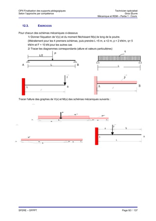 OP4 Finalisation des supports pédagogiques                                                Technicien spécialisé
    Selon l’approche par compétence                                                                    Gros Œuvre
                                                                               Mécanique et RDM – Partie 1 : Cours



       12.3.           EXERCICES

    Pour chacun des schémas mécaniques ci-dessous
           1/ Donner l'équation de V(x) et du moment fléchissant M(x) le long de la poutre.
           (littéralement pour les 4 premiers schémas, puis prendre L =5 m, a =2 m, p = 2 kN/m, q= 5
           kN/m et F = 10 kN pour les autres cas
           2/ Tracer les diagrammes correspondants (allure et valeurs particulières)
                                                                                                                    q
                                       P
                       L/2


       A                           L                               B
                                                                                                               L



                                                   F                                                                p

           A                                       B                           A                                                   B
                           l
                                                                                                   l

    Tracer l'allure des graphes de V(x) et M(x) des schémas mécaniques suivants :



                                               F

                                                               q
                                                                                       p


                   A                       L                               B   a               C
                                   a




                                                                                                       F
                                                                                           a                            b


               p                                                                   A                                                   B

A                                                                      C
                                                                                                           L
                       L                               B   a
                               I




    SFERE – OFPPT                                                                                                  Page 92 / 137
 