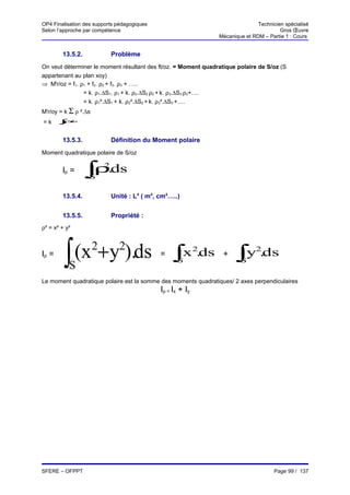 OP4 Finalisation des supports pédagogiques                                     Technicien spécialisé
Selon l’approche par compétence                                                         Gros Œuvre
                                                                Mécanique et RDM – Partie 1 : Cours


        13.5.2.            Problème
On veut déterminer le moment résultant des ft/oz. = Moment quadratique polaire de S/oz (S
appartenant au plan xoy)
⇒ Mtr/oz = f1. ρ1 + f2. ρ2 + f3. ρ3 + …..
                = k. ρ1.∆S1. ρ1 + k. ρ2.∆S2 ρ2 + k. ρ3.∆S3 ρ3+….
                = k. ρ1².∆S1 + k. ρ2².∆S2 + k. ρ3².∆S3 +….
Mtr/oy = k Σ ρ ².∆s
=k     ∫ .
        ρ
        S
         ds 2




        13.5.3.            Définition du Moment polaire
Moment quadratique polaire de S/oz


                  ∫ .
                   ρds
                    2
        Ip =
                  S

        13.5.4.            Unité : L4 ( m4, cm4…..)


        13.5.5.            Propriété :
ρ² = x² + y²



Ip =
            ∫
            S
              (x2+y2).ds                     =    ∫x2.ds
                                                   S
                                                                  +   ∫ ds
                                                                       y2.
                                                                        S

Le moment quadratique polaire est la somme des moments quadratiques/ 2 axes perpendiculaires
                                             Ip = Ix + Iy




SFERE – OFPPT                                                                         Page 99 / 137
 