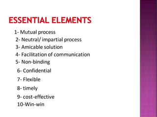 ESSENTIAL ELEMENTS
1- Mutual process
2- Neutral/ impartial process
3- Amicable solution
4- Facilitation of communication
5- Non-binding
6- Confidential
7- Flexible
8- timely
9- cost-effective
10-Win-win
 
