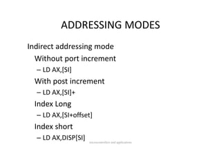 ADDRESSING MODES
          ADDRESSING MODES
Indirect addressing mode
  Without port increment
  Without port increment
  – LD AX,[SI]
 With post increment
  – LD AX,[SI]+
          [ ]
 Index Long
  – LD AX [SI ff t]
    LD AX,[SI+offset]
 Index short
  – LD AX,DISP[SI]   microcontrollers and applications
 