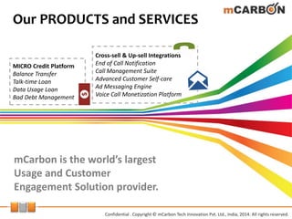 Our PRODUCTS and SERVICES
Confidential . Copyright © mCarbon Tech Innovation Pvt. Ltd., India, 2014. All rights reserved.
MICRO Credit Platform
Balance Transfer
Talk-time Loan
Data Usage Loan
Bad Debt Management
Cross-sell & Up-sell Integrations
End of Call Notification
Call Management Suite
Advanced Customer Self-care
Ad Messaging Engine
Voice Call Monetization Platform
mCarbon is the world’s largest
Usage and Customer
Engagement Solution provider.
 